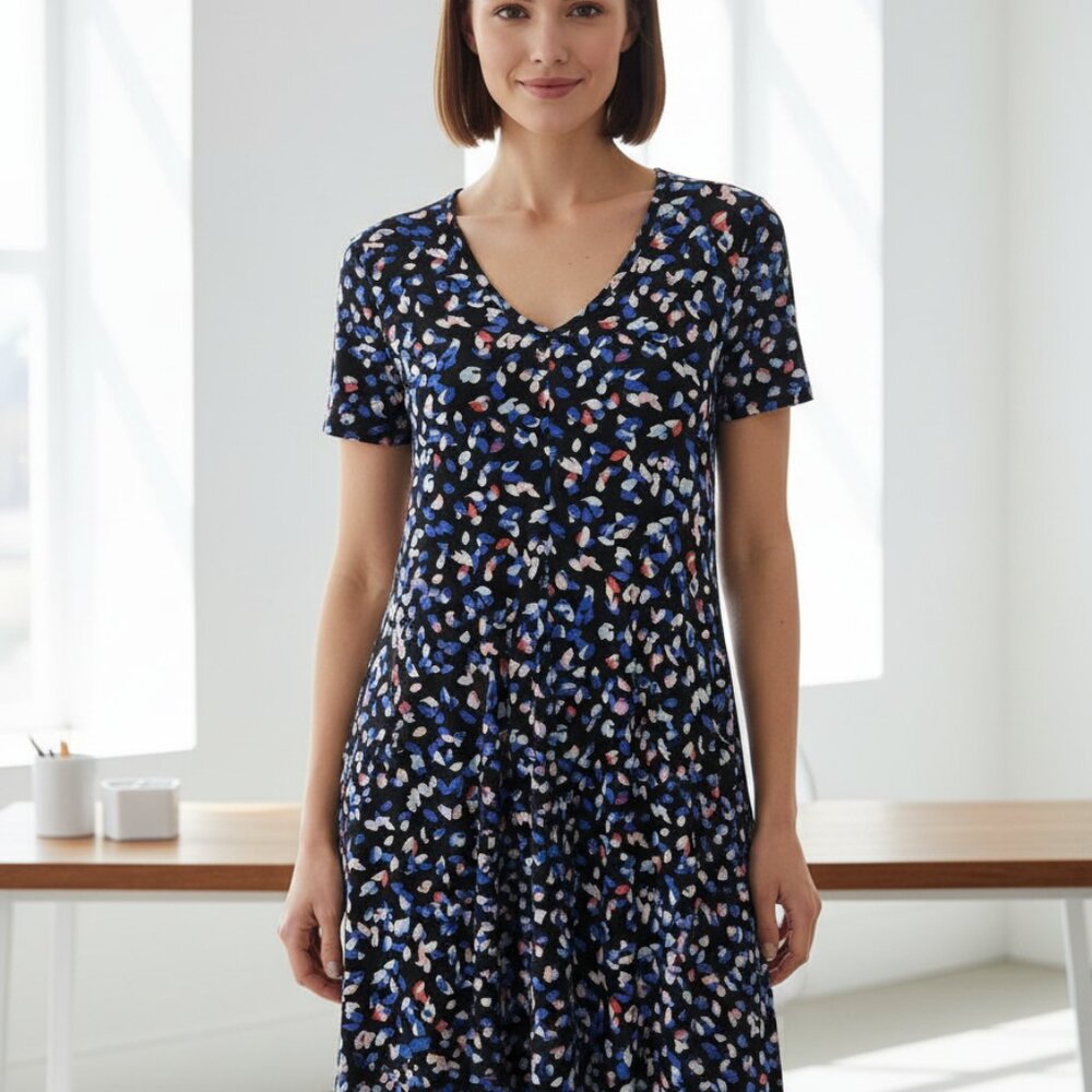 Roaman's 14 16‎ Swing Dress Black Blue Print V Neck Ultra Smooth Plus Office